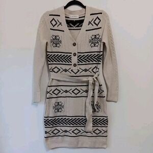 Lucky‎ Brand Sweater Dress Womens Small Beige Fair Isle Belted Button V Neck